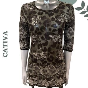 Cativa Animal Floral Print Tunic Top 1/2 Sleeve Fall Winter – Size Small